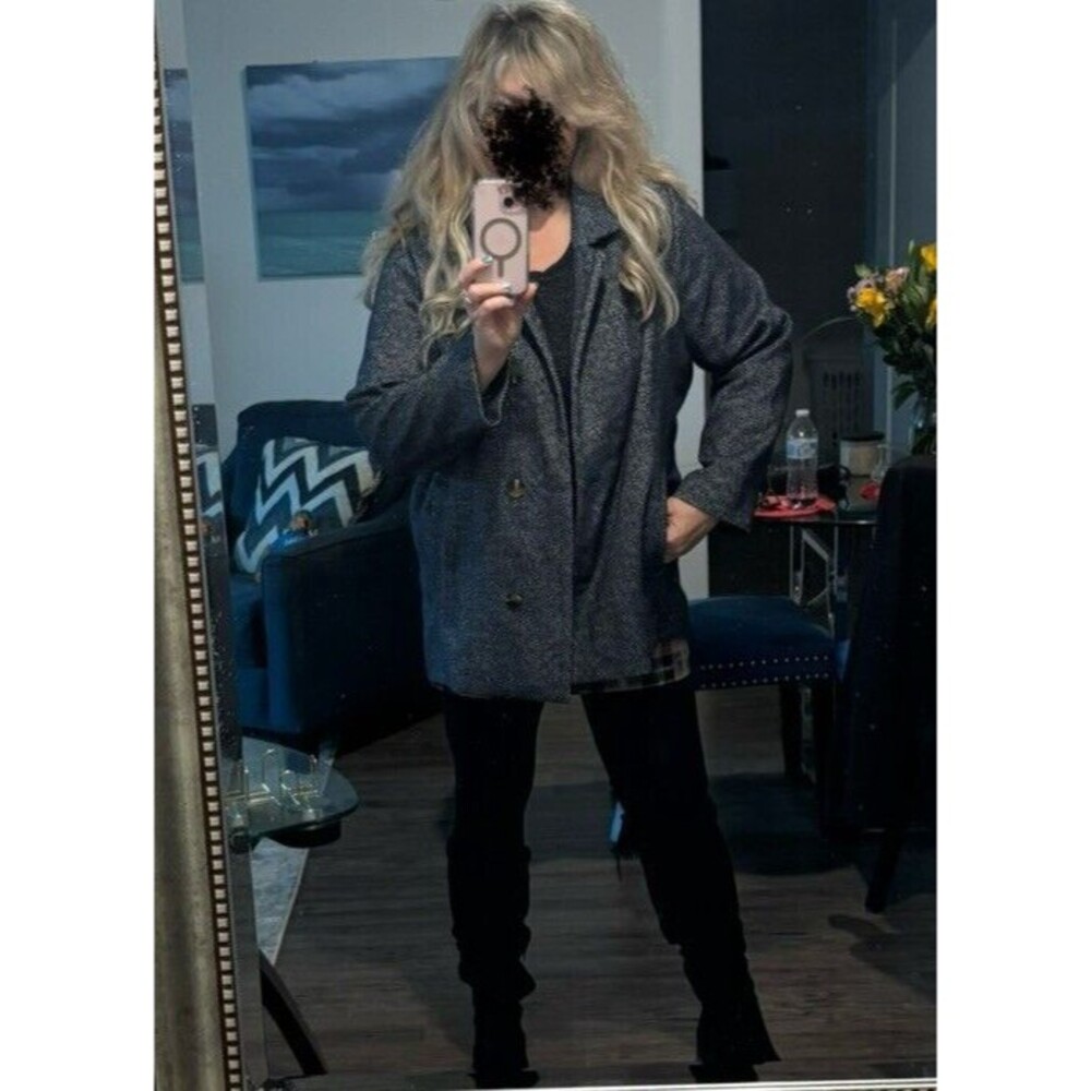 Old Navy Womens Car Coat Trench Wool Blend Navy Herringbone Button Jacket XL